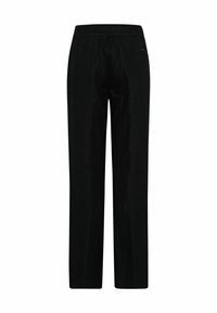 Czarne, szerokie spodnie z elastycznym paskiem, teksturowany materiał i prosty design. Posiadają tylną kieszeń dla wygody.