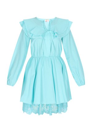 Aqua-blaues Kleid aus leichtem Stoff, mit langen Ärmeln, Rüschensaum, Kordelzug in der Taille und Spitze am Saum.