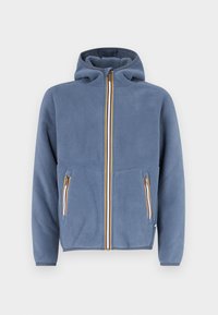 Blue fleece jacket with a hood, front zipper, and two zippered pockets. Features multicolored stripes along the zipper and a soft texture.
