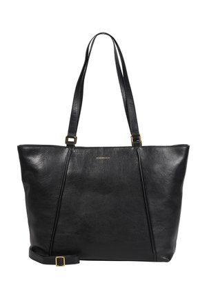 Bolso tote de cuero negro con doble asa para el hombro, hebilla dorada y logo sutil grabado en el centro frontal.
