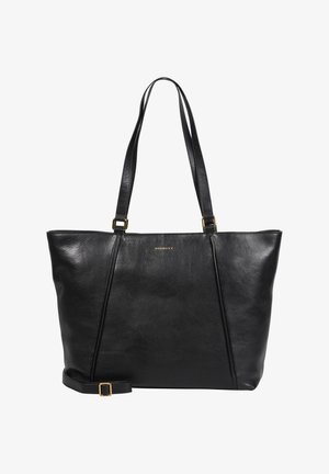 Sac fourre-tout en cuir noir avec double bandoulière, boucle dorée et logo discret embossé au centre devant.