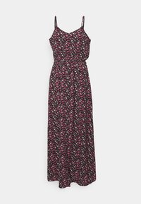 Robe maxi noire avec des bretelles fines ajustables, une coupe décontractée et un motif floral avec des fleurs roses et blanches.