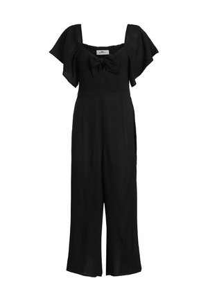 Zwarte jumpsuit met korte fladdermouwen, vierkante halslijn en een strikdetail aan de voorkant. Gemaakt van een gestructureerde stof met wijde broekspijpen.