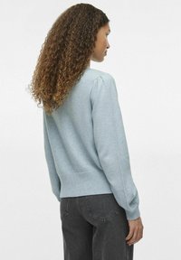 Pull en tricot bleu clair à manches longues et avec un ourlet côtelé. Présente des plis discrets aux épaules et une texture douce. Assorti à un jean noir.