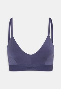 Bralette en tissu bleu marine avec un design à décolleté en V profond, bretelles ajustables et une bande côtelée avec un logo. Texture lisse, style minimaliste.