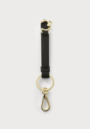 Black leather keychain strap with a textured finish, featuring a gold metal clasp and ring, ensuring durability and functionality.