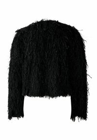 Schwarze, kurze Jacke aus strukturiertem, strubbeligem Material mit langen Ärmeln. Die Kanten sind roh und verleihen ein unregelmäßiges Design. Keine sichtbaren Verschlüsse.