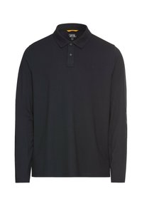 Polo noir à manches longues avec patte de deux boutons et petit logo sur le côté gauche de la poitrine.