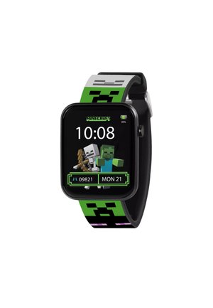 Smartwatch with Minecraft-themed display showing time, date, steps, battery level, and a wristband featuring Minecraft Creeper faces.