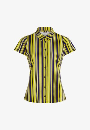 Camicia a maniche corte giallo e blu navy a righe verticali, con chiusura a bottoni e colletto. Tessuto morbido e leggero.
