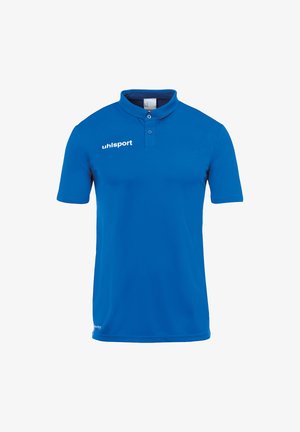 Blauwe polo gemaakt van gladde stof, met een kraag, een twee-knops knoopsluiting en een wit "uhlsport" logo aan de linkerkant.