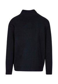 Schwarzer Pullover mit hohem Kragen, langen Ärmeln, gerippten Bündchen und Saum sowie einer glatten Textur. Keine sichtbaren Muster oder zusätzlichen Details.