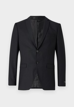Black blazer with a single-breasted design, two front buttons, and notch lapels; features subtle textured fabric and side pocket details.