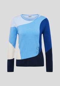 Blauer und marineblauer Pullover mit einem Farbschnitt-Design in verschiedenen Blau- und Cremetönen. Lange Ärmel und runder Ausschnitt mit dekorativem Steppdetail.