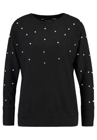 Svart sweatshirt med rund hals och långa ärmar, prydd med spridda silverstrass för detaljer och textur.