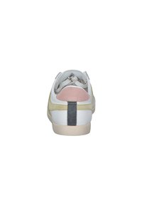 Sneaker with a white leather body, soft pink suede heel, green accents, and a black stripe at the back. Features a round toe and lace-up design.