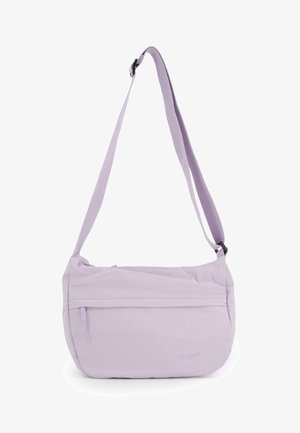 Light purple crossbody bag with adjustable strap, front zip pocket, and smooth fabric texture.