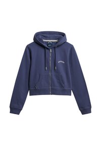 Felpa croppata blu navy con zip frontale, due tasche laterali e logo ricamato "Superdry" sopra la tasca sinistra. Materiale misto cotone.