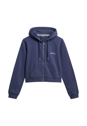 Navyblaue Cropped-Hoodie mit einem Frontreißverschluss, zwei Seitentaschen und einem gestickten "Superdry"-Logo über der linken Tasche. Material aus Baumwollmischung.