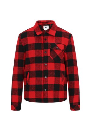 Piros és fekete kockás, hosszú ujjú dzseki, elülső gombokkal, gallérral, oldalsó zsebekkel és gombos mellzsebből.
