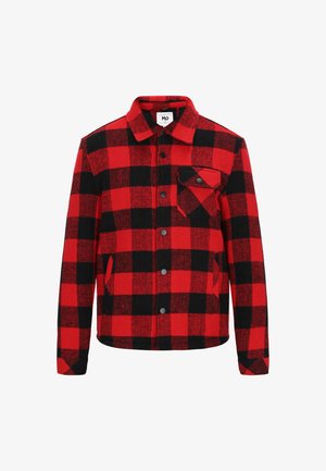 Piros és fekete kockás, hosszú ujjú dzseki, elülső gombokkal, gallérral, oldalsó zsebekkel és gombos mellzsebből.