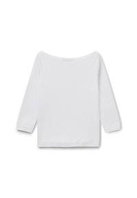 Biała bluzka z długim rękawem i dekoltem typu off-shoulder, wykonana z miękkiego materiału. Posiada prosty krój i ściągacze na rękawach. Brak wzorów lub ozdób.