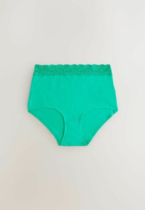 Türkise Baumwoll-High-Waist-Höschen mit einem Spitze-Überzug am Bund, die eine glatte Oberfläche und vollständige Rückendeckung bieten.