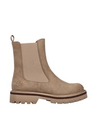 Beige Wildlederschuh im Chelsea-Stil mit elastischen Seiteneinsätzen, runder Zehenform und dicker gummierter Sohle. Mit kleinem Logo an der Außenseite.