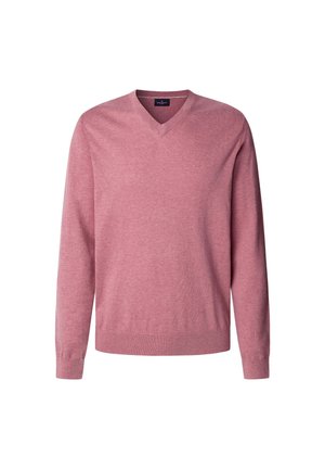 V-hals sweater i blødt pink strik. Lange ærmer, tætsiddende manchetter og en lige kant. Fremstillet af letvægtsstof for komfort.