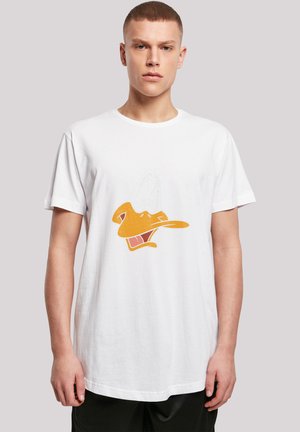 White cotton t-shirt featuring a cartoon duck graphic in orange and brown on the front. Short sleeves, crew neck, relaxed fit.