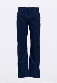 Mørkeblå denimjeans med rette ben, med kontrasterende rosa søm og klassisk fem-lomme-design.