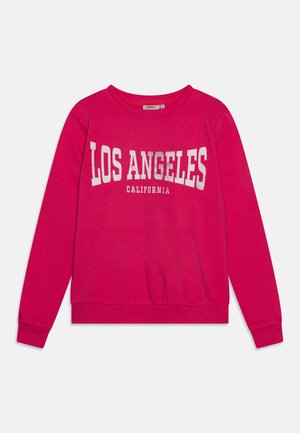 Hellrosa Sweatshirt mit langen Ärmeln und weißem "LOS ANGELES CALIFORNIA" Aufdruck auf der Brust, Rundhalsausschnitt sowie gerippte Bündchen und Saum.