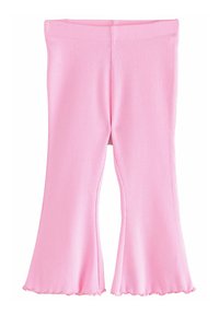 Roze geribde flared leggings met een aansluitende taille, gegolfde zoom en een zachte textuur, ontworpen voor comfort en flexibiliteit.