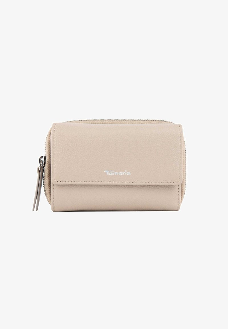 Portefeuille rectangulaire en cuir beige avec rabat avant, fermeture éclair sur le côté et petit logo argenté "Tamaris" sur le devant.