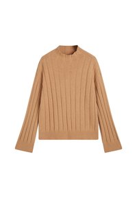 Maglione a coste color cammello con maniche lunghe e un leggero colletto a hoch, disteso su uno sfondo bianco.