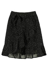 Falda negra con lunares blancos, hecha de tejido ligero. Presenta un dobladillo con vuelo y un cintura elástica para mayor comodidad.