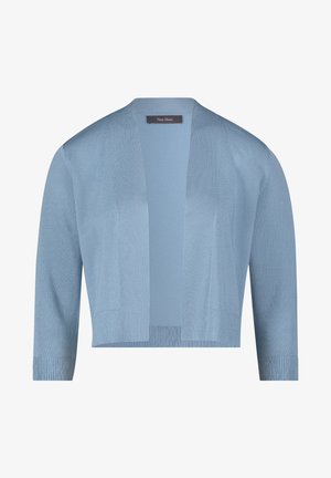 Cardigan en maille bleu clair au design décontracté, devant ouvert, longueur cropped et manches trois-quarts. Présente des poignets et un ourlet côtelés.