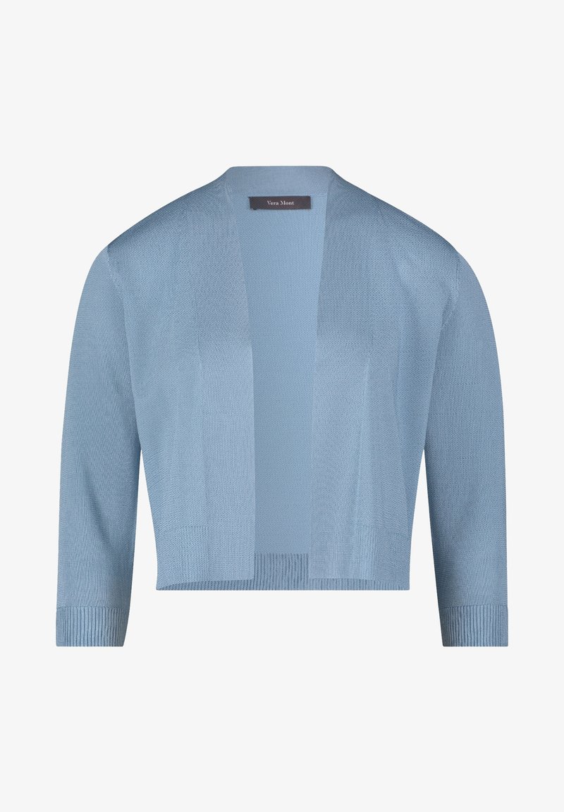 Light blue knit cardigan with a relaxed design, open front, cropped length, and three-quarter sleeves. Features ribbed cuffs and hem.