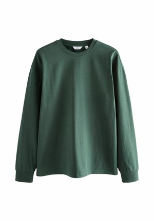 Maglietta verde a maniche lunghe realizzata in tessuto morbido, con scollo rotondo e vestibilità rilassata, polsini a costine e senza motivi visibili.