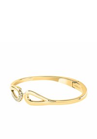 Bracciale in oro con design intrecciato e accento in cristallo. Finitura liscia, forma elegante e incisione del marchio sul lato interno.