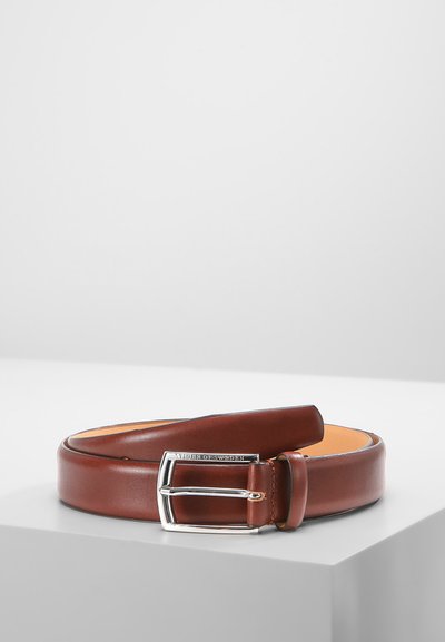 Brown leather belt with a shiny silver buckle, featuring a smooth texture and a classic design. No distinct patterns or accents.