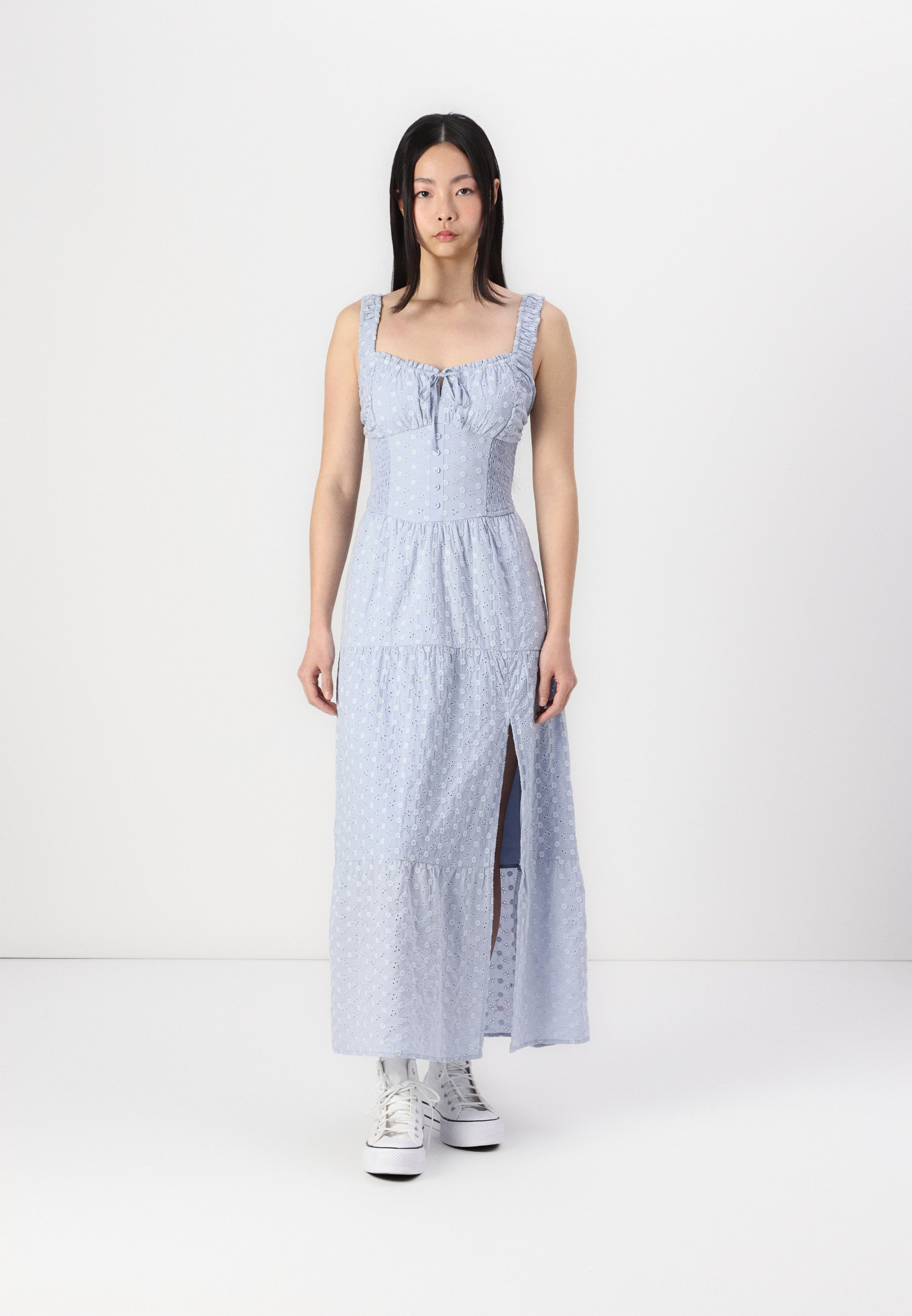 long floral formal dress WEDTREND Women White Blue Flower Strapless Long Prom Dress with Lace-up  Back Ruched A-Line Tiered Floral Formal Dress
