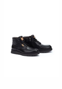 Bottines en cuir noir avec bout rond, fermeture à lacets sur le devant, fermeture éclair sur le côté, col rembourré et accents texturés sur le dessus. Semelle en caoutchouc.