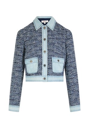 Cropped jacket featuring a navy tweed body and light blue denim accents, with a collar, button closure, and two front pockets.