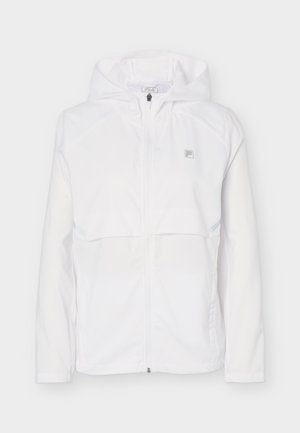 Giacca bianca con cappuccio e cerniera, maniche lunghe, piccolo logo FILA sul petto e due tasche frontali.