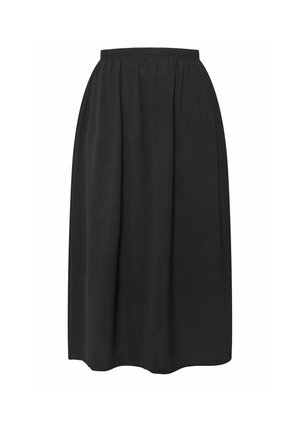 Zwarte midi-rok met elastische tailleband en subtiele textuur, losse pasvorm, ontworpen voor casual of semi-formeel gebruik.