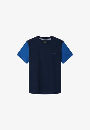 Navy Baumwoll-T-Shirt mit kontrastierenden blauen Ärmeln. Verfügt über einen Rundhalsausschnitt und ein kleines gesticktes Logo auf der Vorderseite. Glatte Textur, kurze Ärmel.