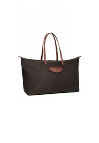 Bruine nylon tote bag met twee bruine leren handvatten, een platte bodem en een leren accent aan de voorkant. De tas is ruim en gestructureerd.