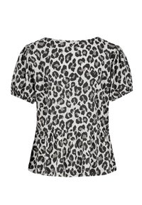 Leopardenmusterbluse mit kurzen Puffärmeln, in Schwarz- und Grautönen, geraffter Taille, mit Peplum-Saum, aus leichtem Stoff.