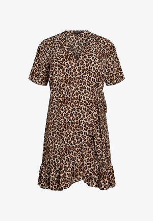 Korte mouwen, luipaardprint wikkeljurk met V-hals en ruches aan de onderkant, met een zijsstrik in de taille.